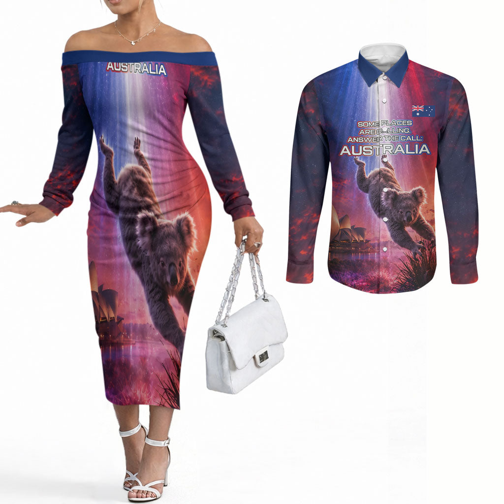 Australia Koala And Kangaroo UFO Couples Matching Off The Shoulder Long Sleeve Dress and Long Sleeve Button Shirt Sci-Fi Galaxy Opera House And Uluru