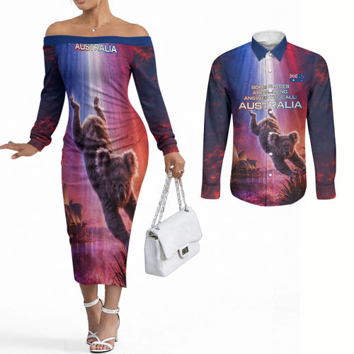 Australia Koala And Kangaroo UFO Couples Matching Off The Shoulder Long Sleeve Dress and Long Sleeve Button Shirt Sci-Fi Galaxy Opera House And Uluru