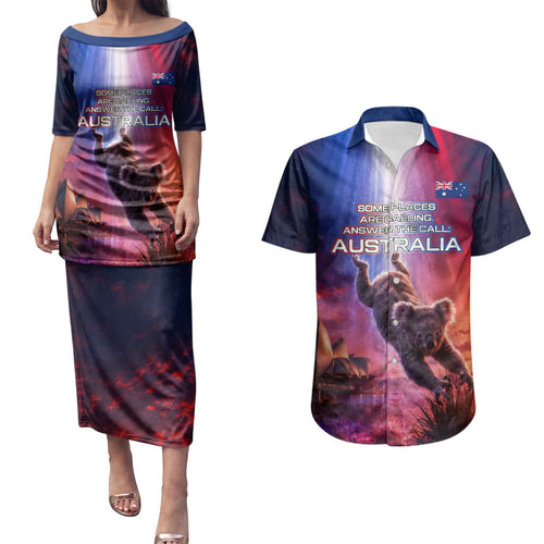 Australia Koala And Kangaroo UFO Couples Matching Puletasi and Hawaiian Shirt Sci-Fi Galaxy Opera House And Uluru