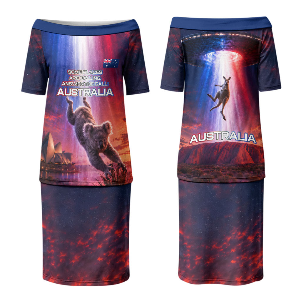 Australia Koala And Kangaroo UFO Couples Matching Puletasi and Long Sleeve Button Shirt Sci-Fi Galaxy Opera House And Uluru