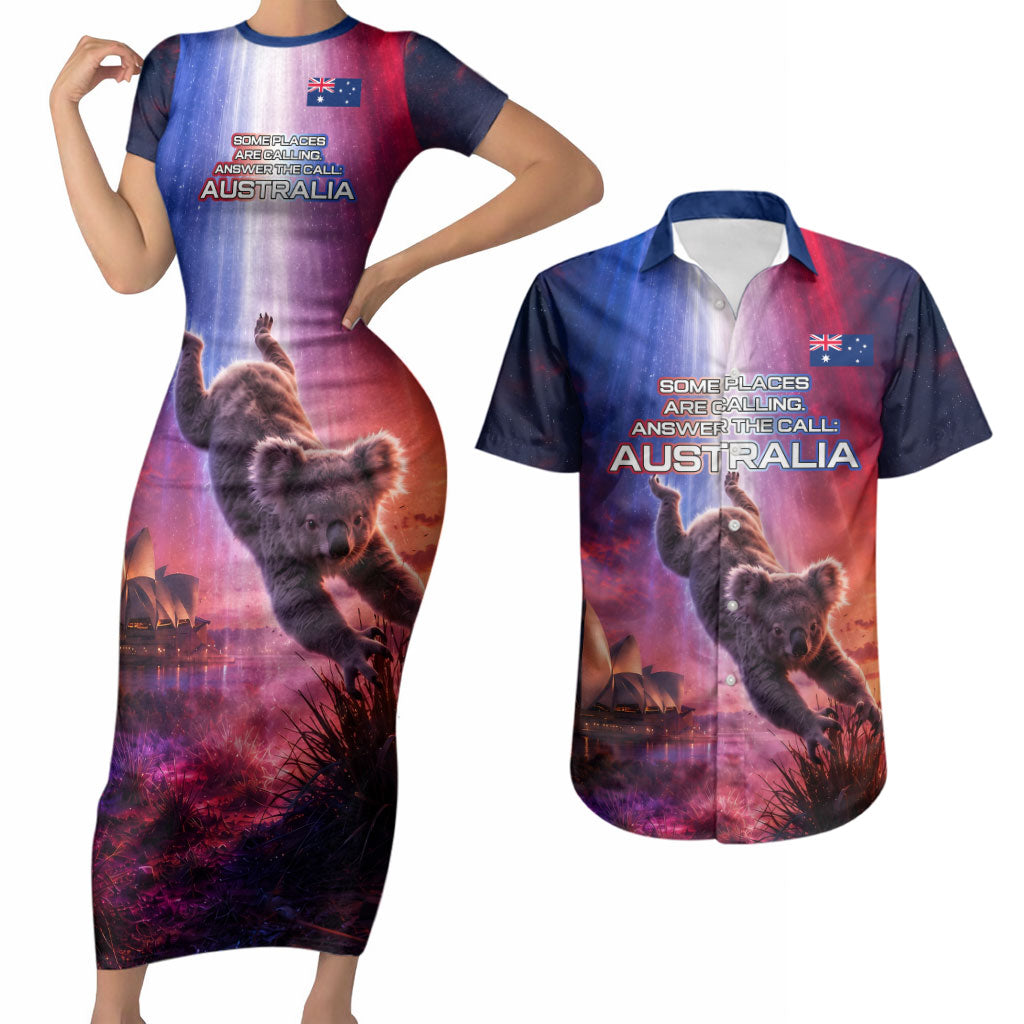 Australia Koala And Kangaroo UFO Couples Matching Short Sleeve Bodycon Dress and Hawaiian Shirt Sci-Fi Galaxy Opera House And Uluru