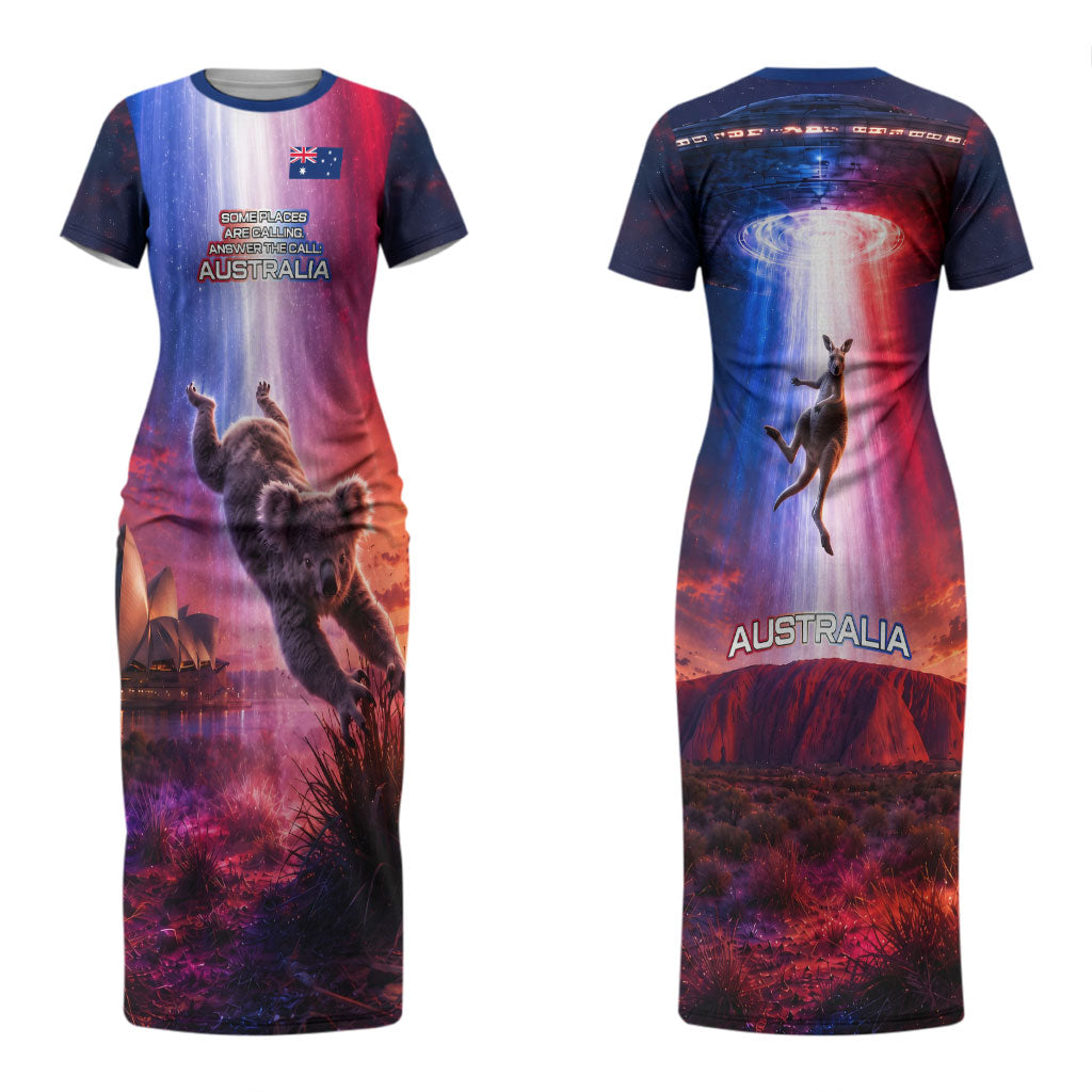 Australia Koala And Kangaroo UFO Couples Matching Short Sleeve Bodycon Dress and Hawaiian Shirt Sci-Fi Galaxy Opera House And Uluru