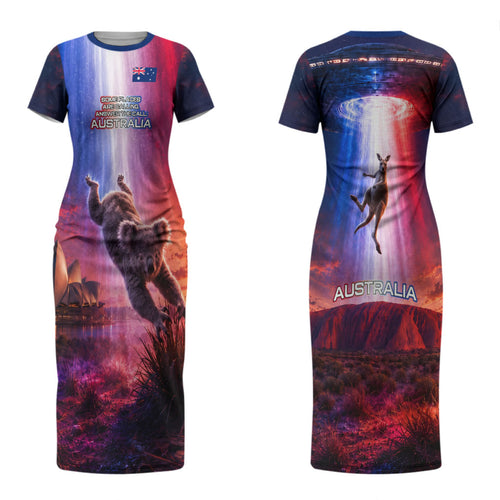 Australia Koala And Kangaroo UFO Couples Matching Short Sleeve Bodycon Dress and Hawaiian Shirt Sci-Fi Galaxy Opera House And Uluru