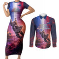 Australia Koala And Kangaroo UFO Couples Matching Short Sleeve Bodycon Dress and Long Sleeve Button Shirt Sci-Fi Galaxy Opera House And Uluru