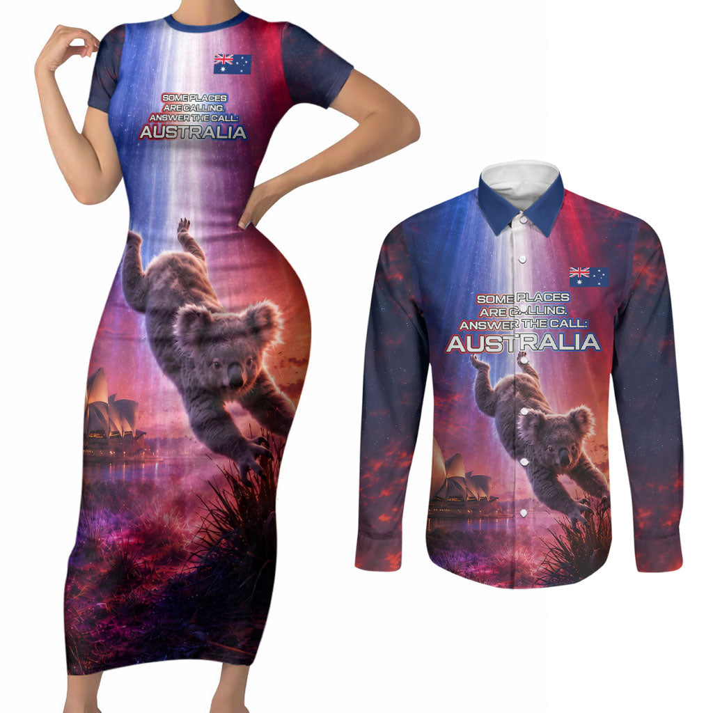 Australia Koala And Kangaroo UFO Couples Matching Short Sleeve Bodycon Dress and Long Sleeve Button Shirt Sci-Fi Galaxy Opera House And Uluru