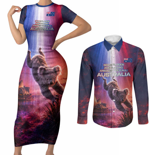 Australia Koala And Kangaroo UFO Couples Matching Short Sleeve Bodycon Dress and Long Sleeve Button Shirt Sci-Fi Galaxy Opera House And Uluru