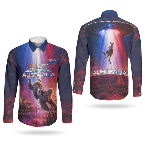 Australia Koala And Kangaroo UFO Couples Matching Short Sleeve Bodycon Dress and Long Sleeve Button Shirt Sci-Fi Galaxy Opera House And Uluru