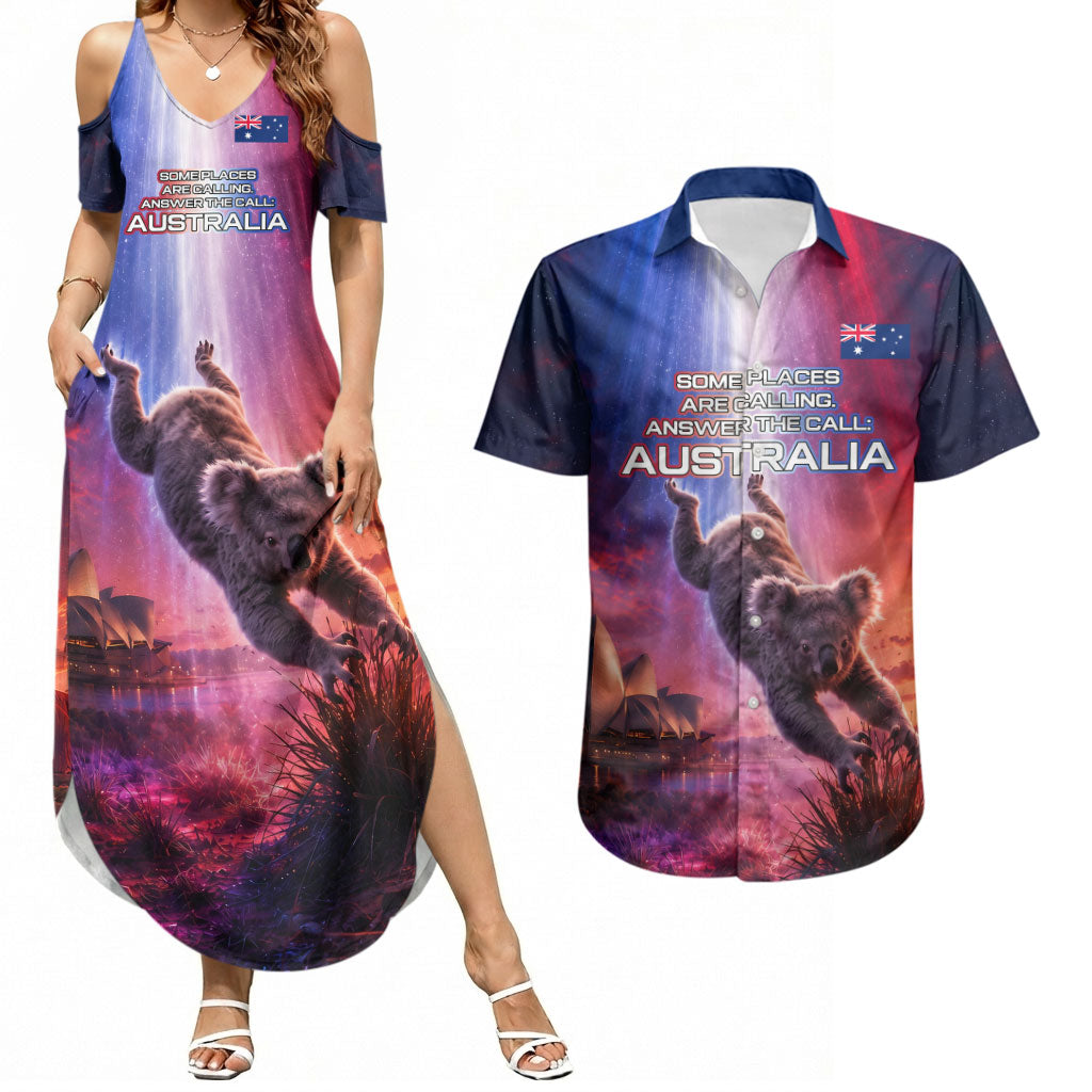 Australia Koala And Kangaroo UFO Couples Matching Summer Maxi Dress and Hawaiian Shirt Sci-Fi Galaxy Opera House And Uluru