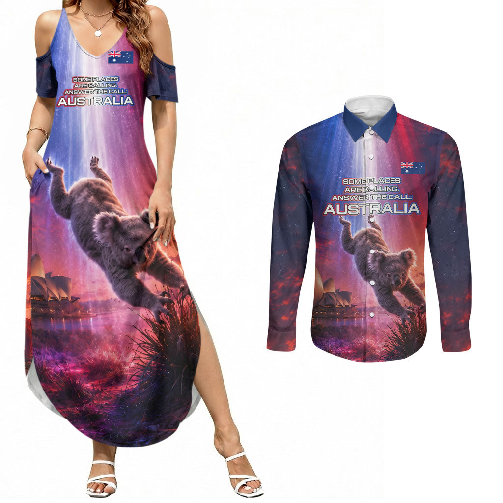 Australia Koala And Kangaroo UFO Couples Matching Summer Maxi Dress and Long Sleeve Button Shirt Sci-Fi Galaxy Opera House And Uluru