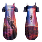 Australia Koala And Kangaroo UFO Couples Matching Summer Maxi Dress and Long Sleeve Button Shirt Sci-Fi Galaxy Opera House And Uluru