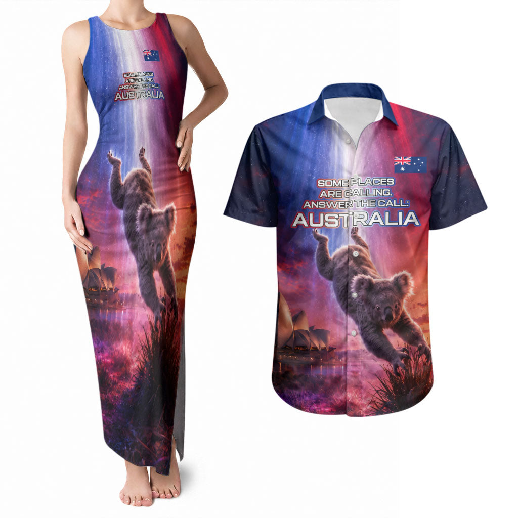 Australia Koala And Kangaroo UFO Couples Matching Tank Maxi Dress and Hawaiian Shirt Sci-Fi Galaxy Opera House And Uluru