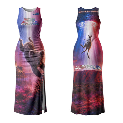 Australia Koala And Kangaroo UFO Couples Matching Tank Maxi Dress and Hawaiian Shirt Sci-Fi Galaxy Opera House And Uluru