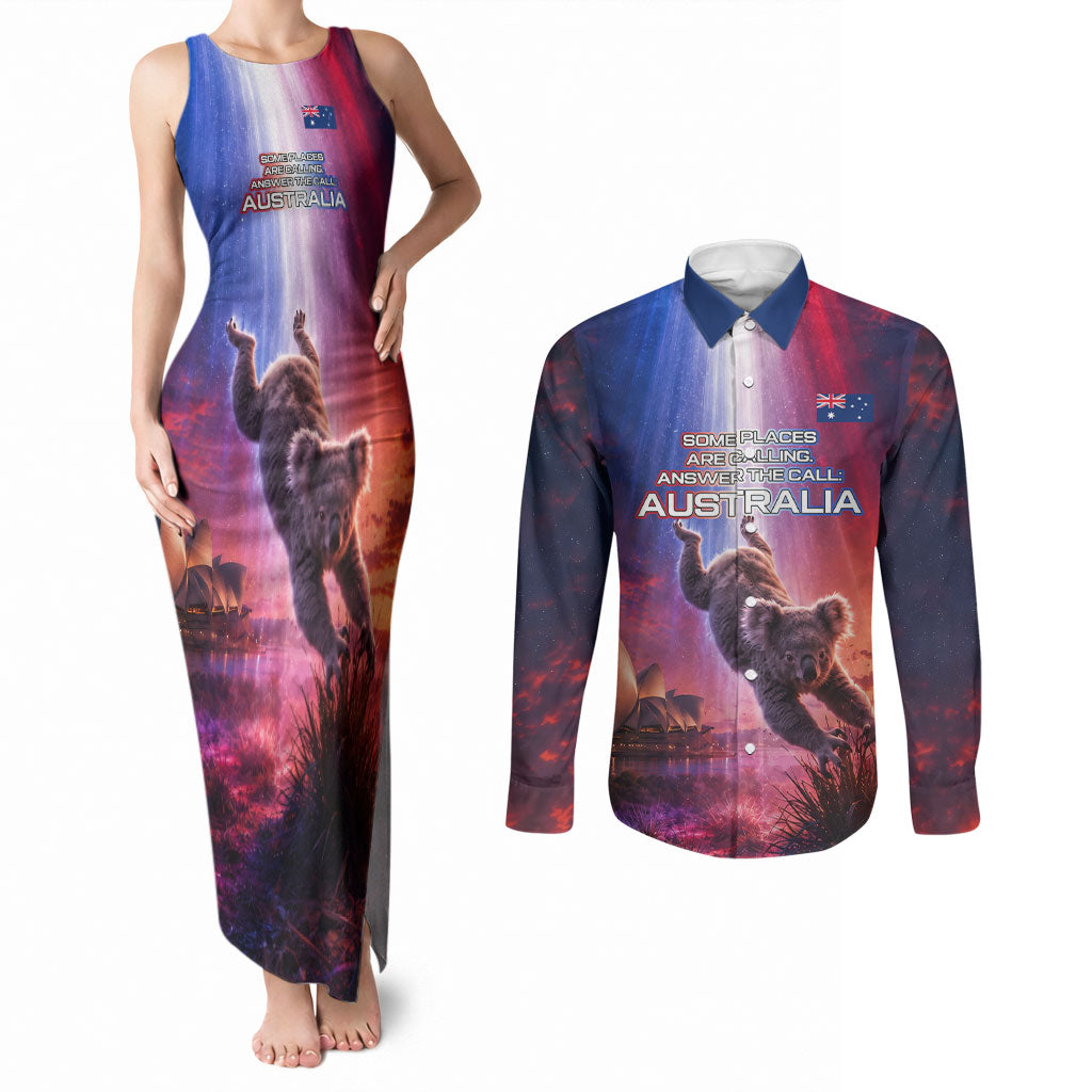 Australia Koala And Kangaroo UFO Couples Matching Tank Maxi Dress and Long Sleeve Button Shirt Sci-Fi Galaxy Opera House And Uluru