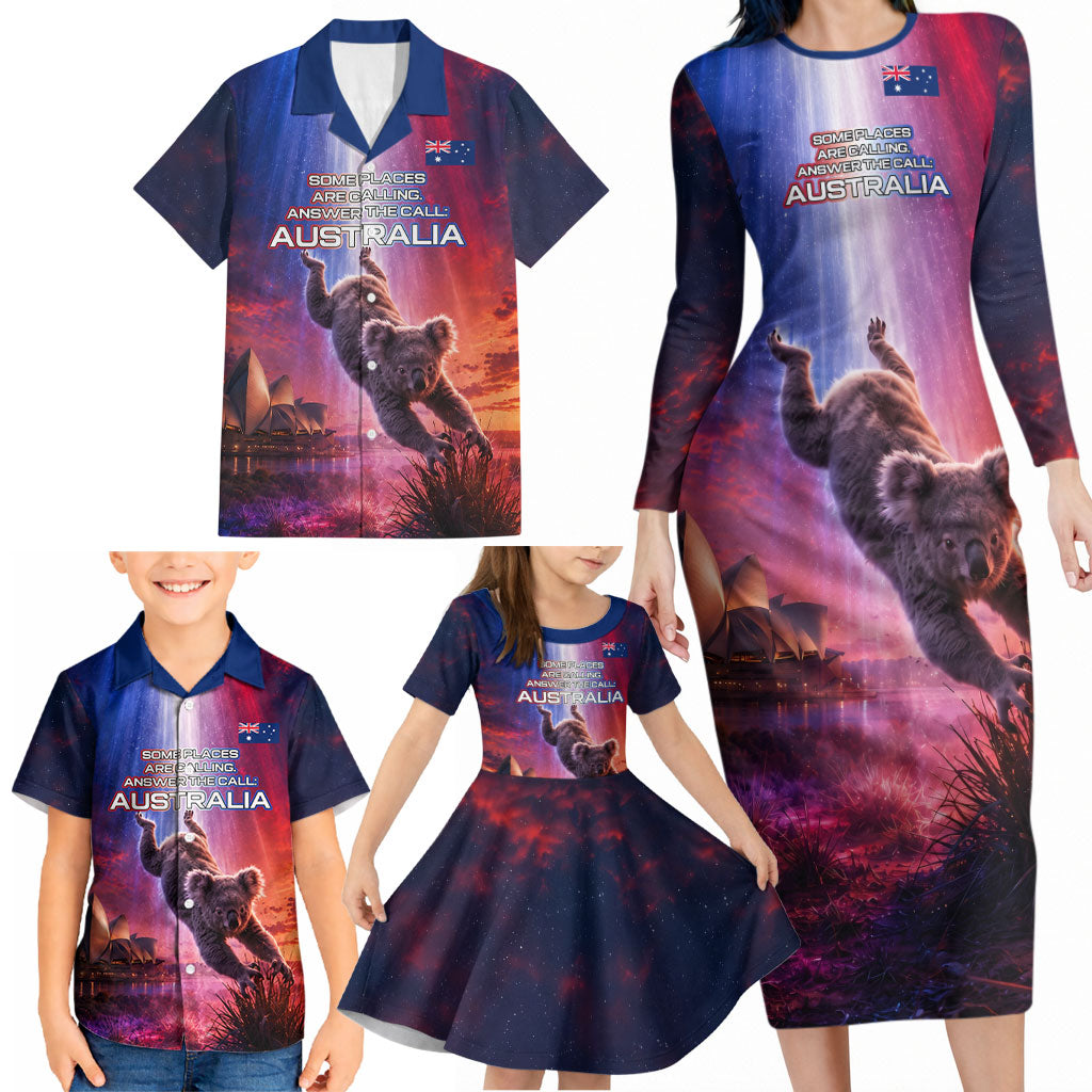 Australia Koala And Kangaroo UFO Family Matching Long Sleeve Bodycon Dress and Hawaiian Shirt Sci-Fi Galaxy Opera House And Uluru