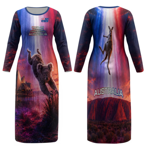 Australia Koala And Kangaroo UFO Family Matching Long Sleeve Bodycon Dress and Hawaiian Shirt Sci-Fi Galaxy Opera House And Uluru