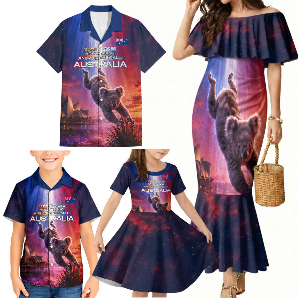 Australia Koala And Kangaroo UFO Family Matching Mermaid Dress and Hawaiian Shirt Sci-Fi Galaxy Opera House And Uluru