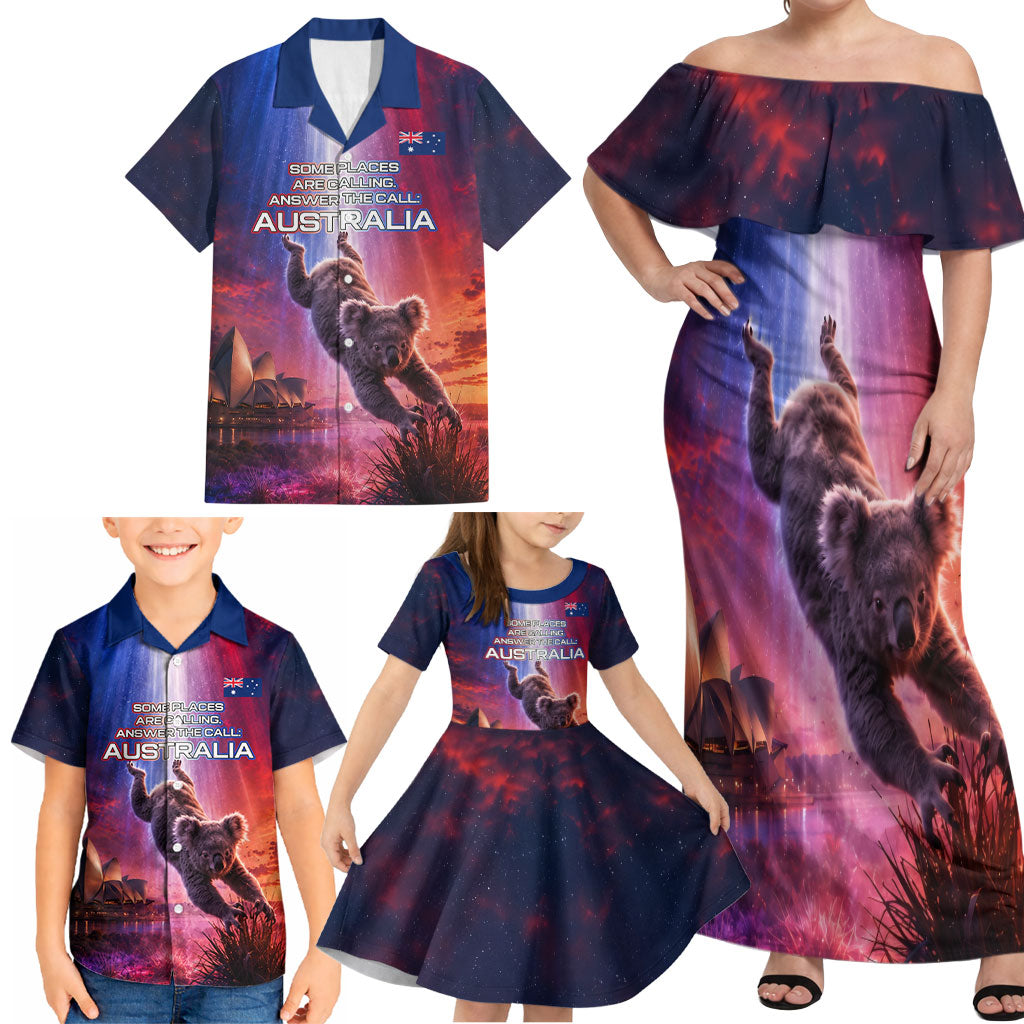 Australia Koala And Kangaroo UFO Family Matching Off Shoulder Maxi Dress and Hawaiian Shirt Sci-Fi Galaxy Opera House And Uluru