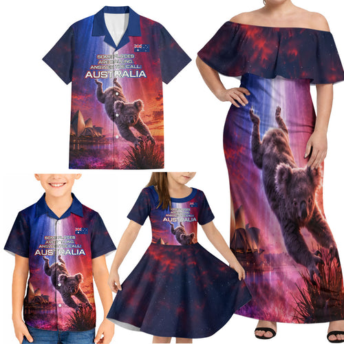 Australia Koala And Kangaroo UFO Family Matching Off Shoulder Maxi Dress and Hawaiian Shirt Sci-Fi Galaxy Opera House And Uluru