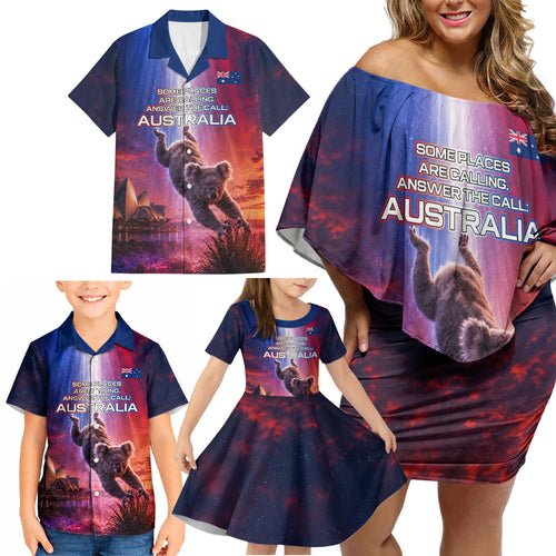 Australia Koala And Kangaroo UFO Family Matching Off Shoulder Short Dress and Hawaiian Shirt Sci-Fi Galaxy Opera House And Uluru