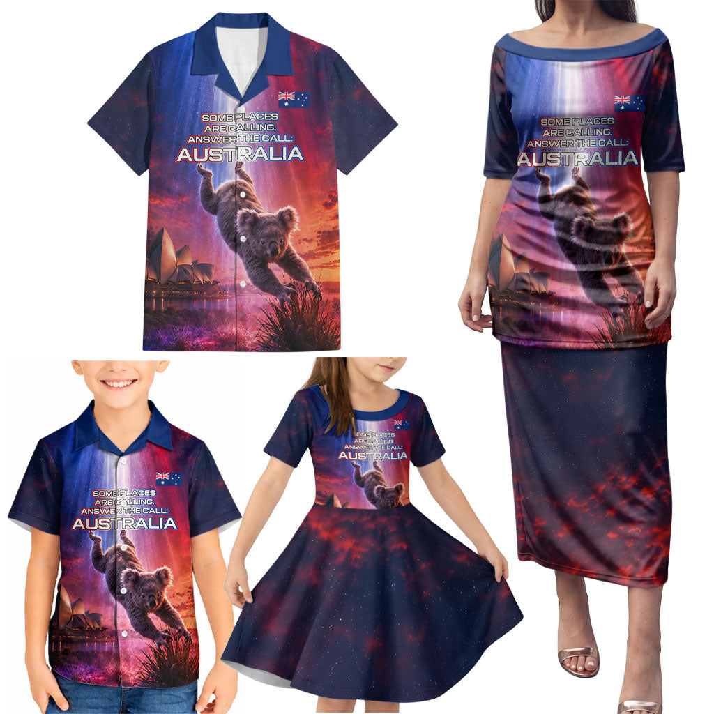 Australia Koala And Kangaroo UFO Family Matching Puletasi and Hawaiian Shirt Sci-Fi Galaxy Opera House And Uluru