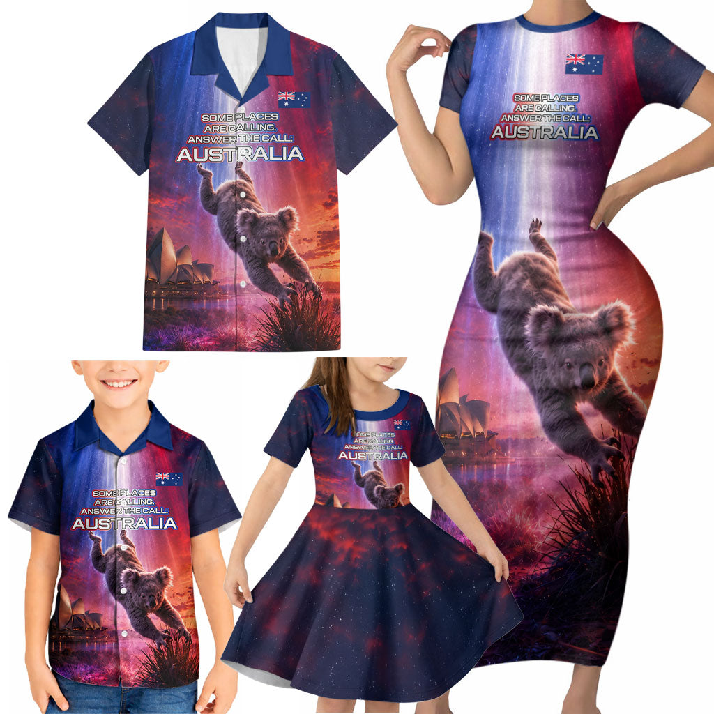 Australia Koala And Kangaroo UFO Family Matching Short Sleeve Bodycon Dress and Hawaiian Shirt Sci-Fi Galaxy Opera House And Uluru