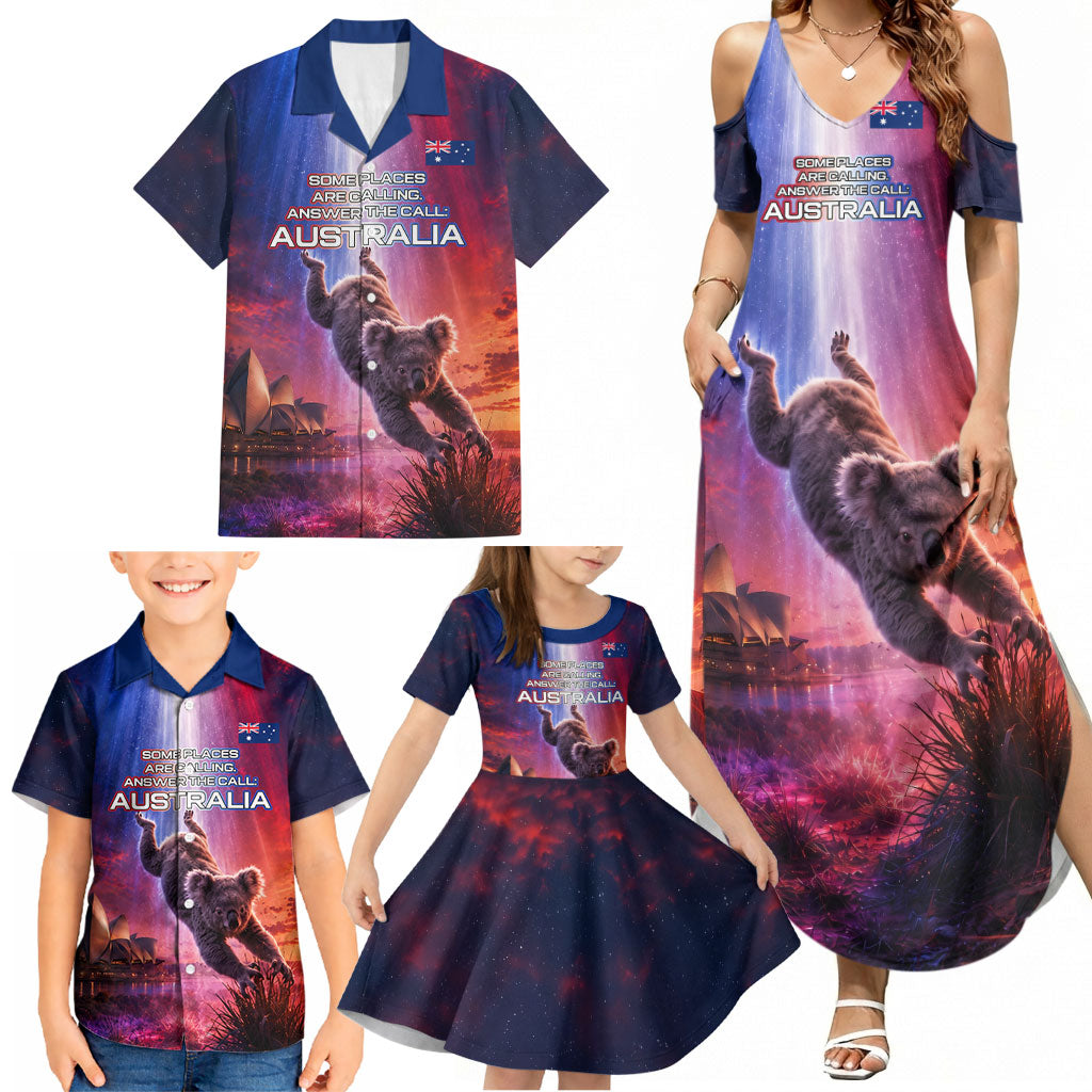 Australia Koala And Kangaroo UFO Family Matching Summer Maxi Dress and Hawaiian Shirt Sci-Fi Galaxy Opera House And Uluru