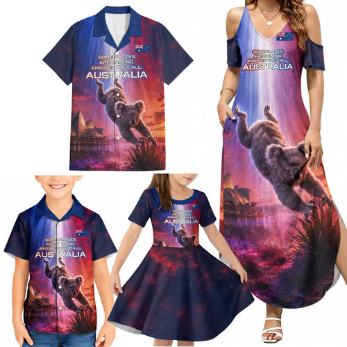 Australia Koala And Kangaroo UFO Family Matching Summer Maxi Dress and Hawaiian Shirt Sci-Fi Galaxy Opera House And Uluru