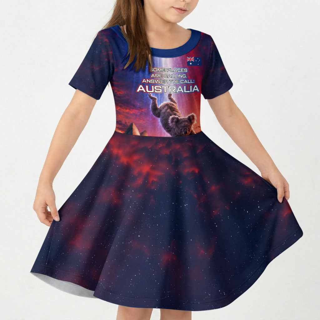 Australia Koala And Kangaroo UFO Kid Short Sleeve Dress Sci-Fi Galaxy Opera House And Uluru