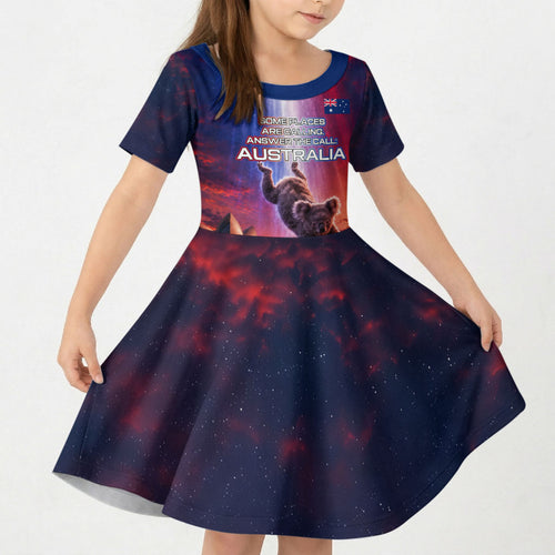 Australia Koala And Kangaroo UFO Kid Short Sleeve Dress Sci-Fi Galaxy Opera House And Uluru