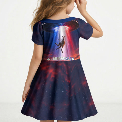 Australia Koala And Kangaroo UFO Kid Short Sleeve Dress Sci-Fi Galaxy Opera House And Uluru