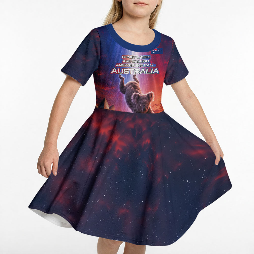 Australia Koala And Kangaroo UFO Kid Short Sleeve Dress Sci-Fi Galaxy Opera House And Uluru