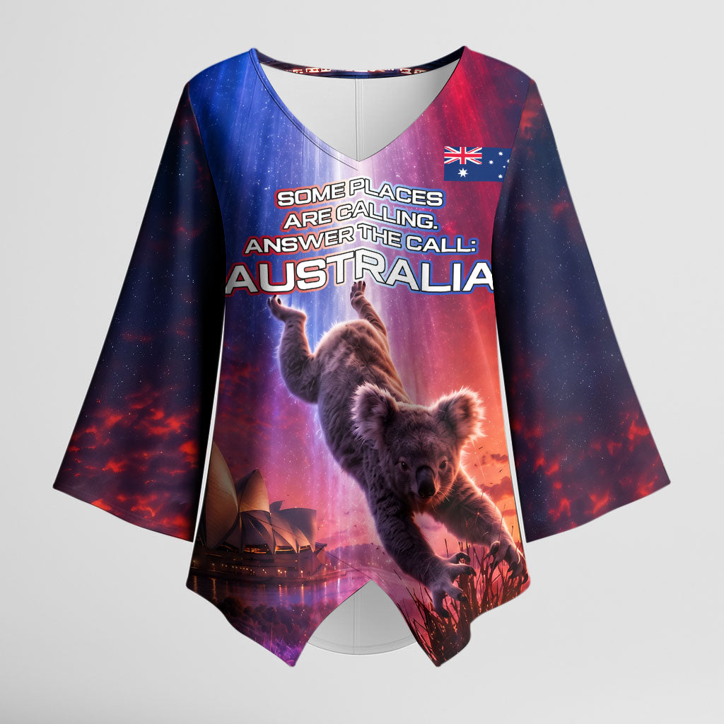 Australia Koala And Kangaroo UFO Kimono Sleeve Blouse Sci-Fi Galaxy Opera House And Uluru