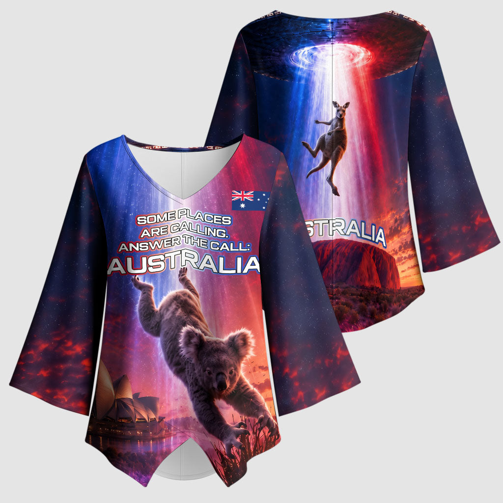 Australia Koala And Kangaroo UFO Kimono Sleeve Blouse Sci-Fi Galaxy Opera House And Uluru