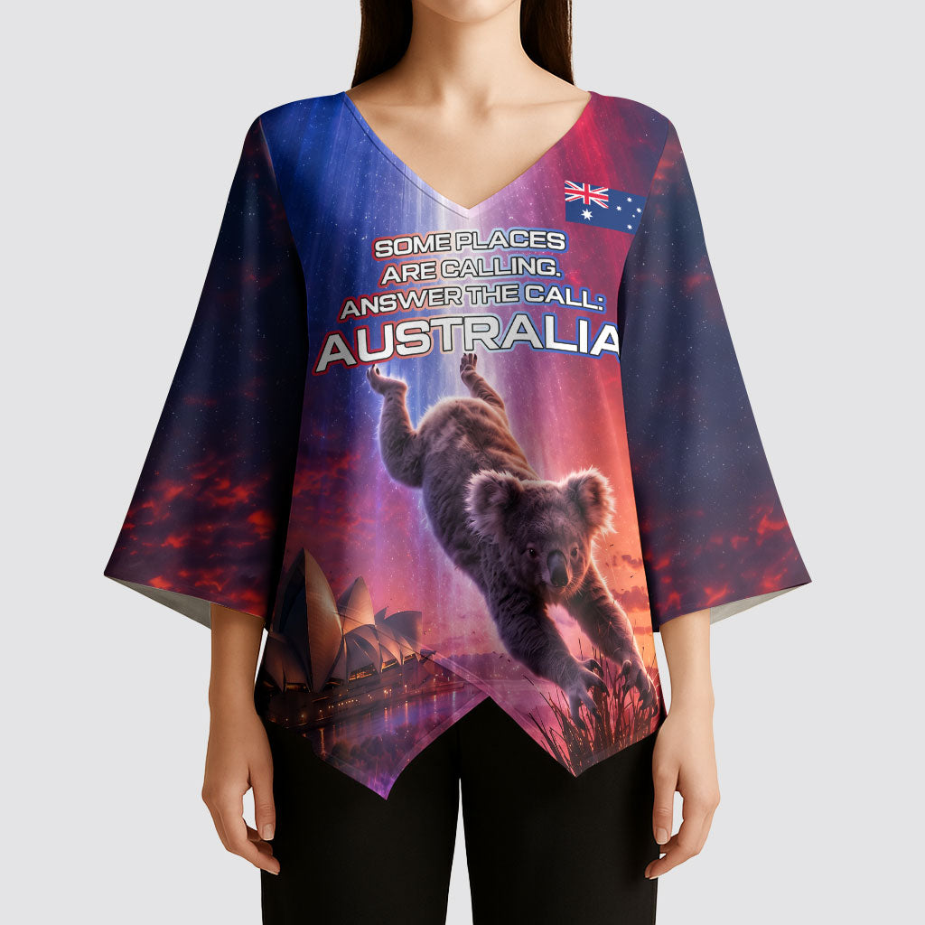 Australia Koala And Kangaroo UFO Kimono Sleeve Blouse Sci-Fi Galaxy Opera House And Uluru