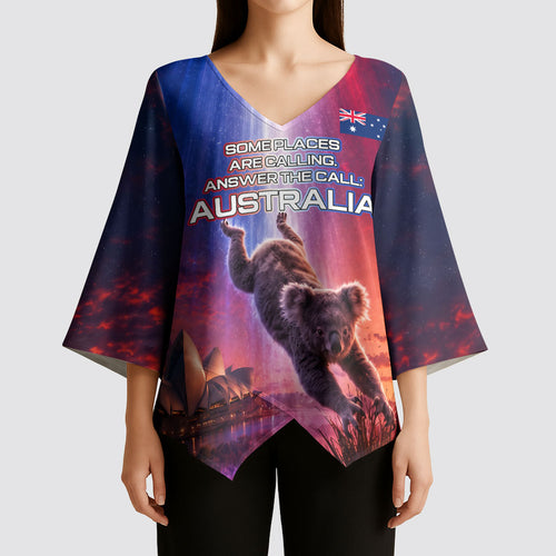 Australia Koala And Kangaroo UFO Kimono Sleeve Blouse Sci-Fi Galaxy Opera House And Uluru