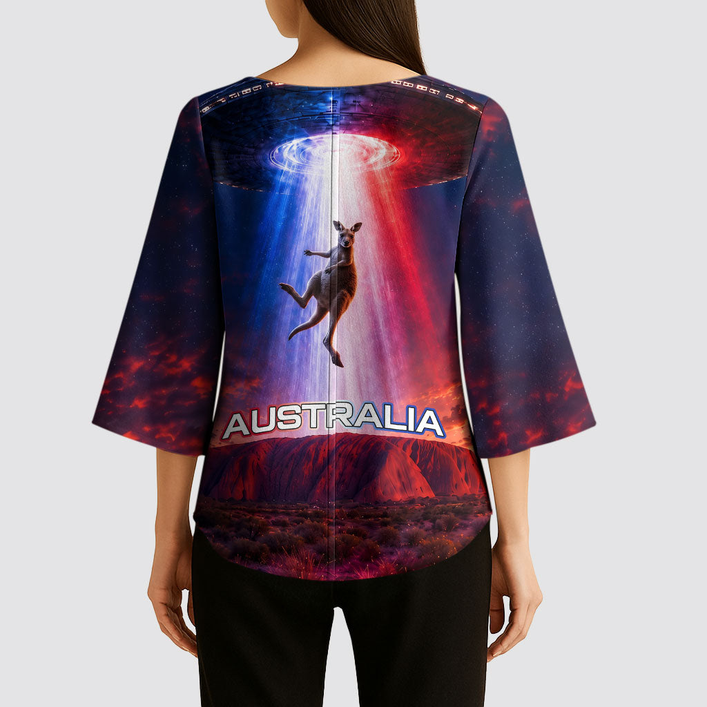 Australia Koala And Kangaroo UFO Kimono Sleeve Blouse Sci-Fi Galaxy Opera House And Uluru