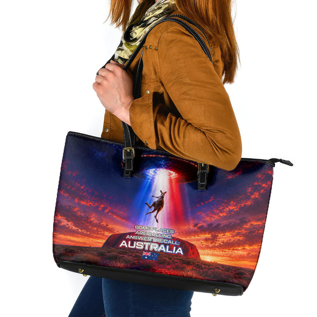 Australia Koala And Kangaroo UFO Leather Tote Bag Sci-Fi Galaxy Opera House And Uluru
