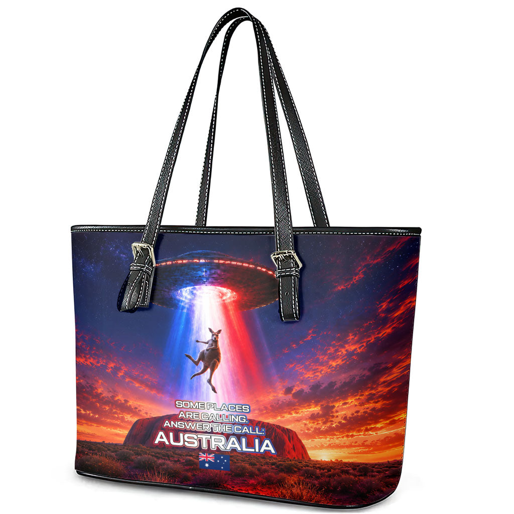 Australia Koala And Kangaroo UFO Leather Tote Bag Sci-Fi Galaxy Opera House And Uluru