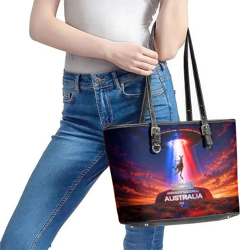 Australia Koala And Kangaroo UFO Leather Tote Bag Sci-Fi Galaxy Opera House And Uluru