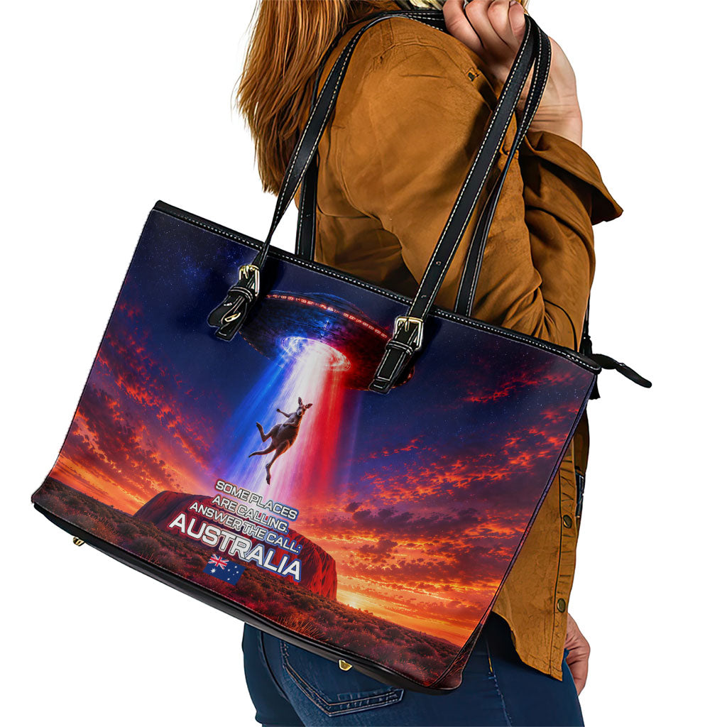 Australia Koala And Kangaroo UFO Leather Tote Bag Sci-Fi Galaxy Opera House And Uluru
