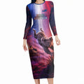 Australia Koala And Kangaroo UFO Long Sleeve Bodycon Dress Sci-Fi Galaxy Opera House And Uluru