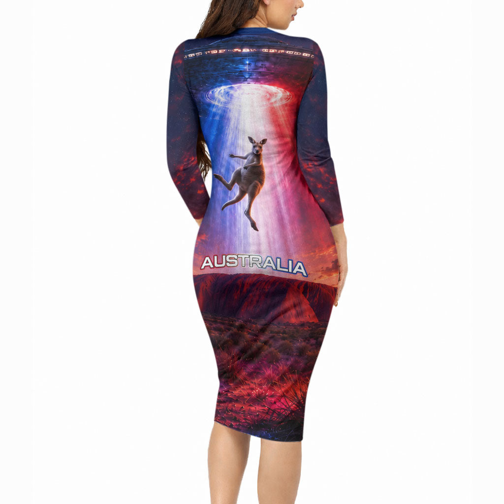 Australia Koala And Kangaroo UFO Long Sleeve Bodycon Dress Sci-Fi Galaxy Opera House And Uluru