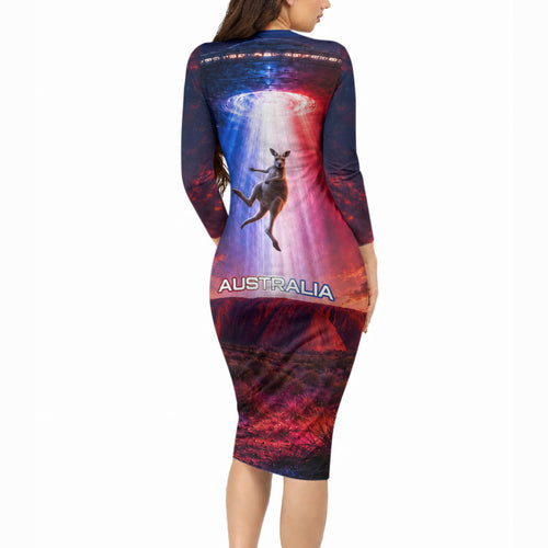 Australia Koala And Kangaroo UFO Long Sleeve Bodycon Dress Sci-Fi Galaxy Opera House And Uluru