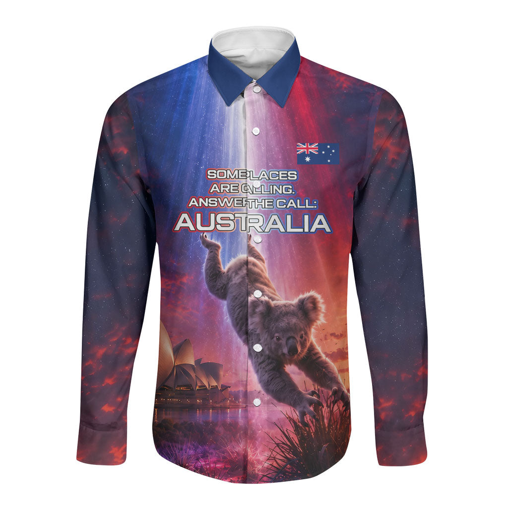 Australia Koala And Kangaroo UFO Long Sleeve Button Shirt Sci-Fi Galaxy Opera House And Uluru