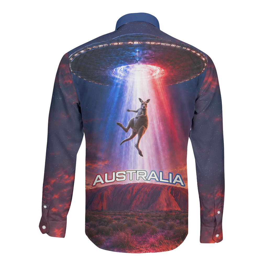Australia Koala And Kangaroo UFO Long Sleeve Button Shirt Sci-Fi Galaxy Opera House And Uluru