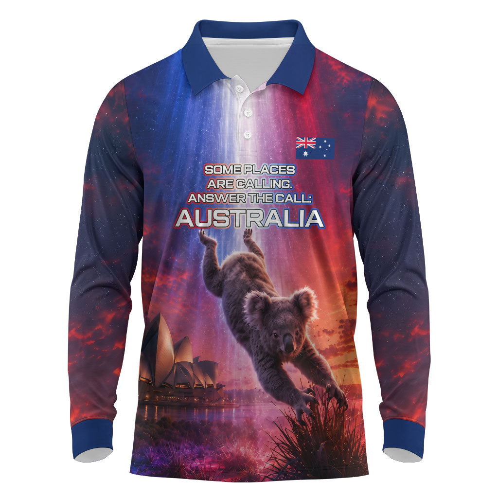 Australia Koala And Kangaroo UFO Long Sleeve Polo Shirt Sci-Fi Galaxy Opera House And Uluru