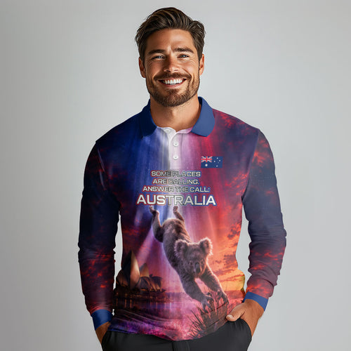 Australia Koala And Kangaroo UFO Long Sleeve Polo Shirt Sci-Fi Galaxy Opera House And Uluru
