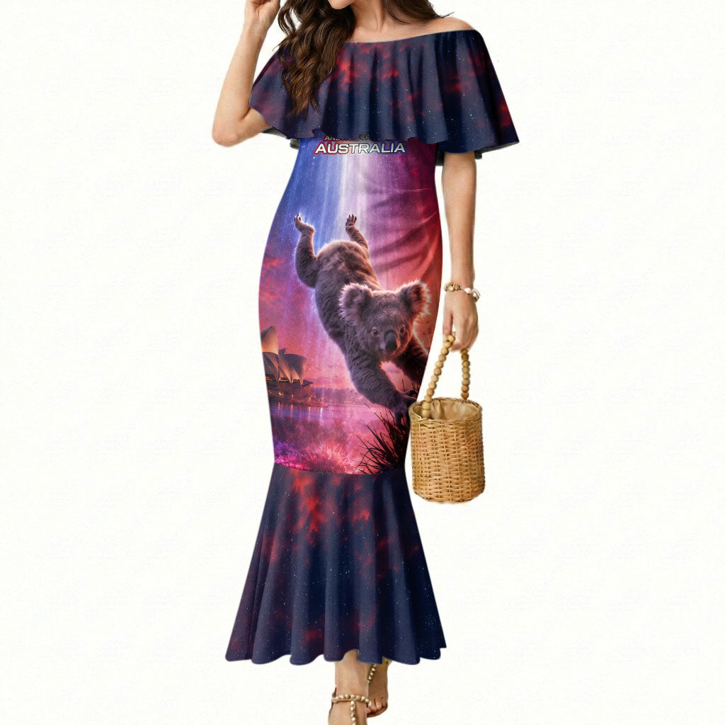 Australia Koala And Kangaroo UFO Mermaid Dress Sci-Fi Galaxy Opera House And Uluru