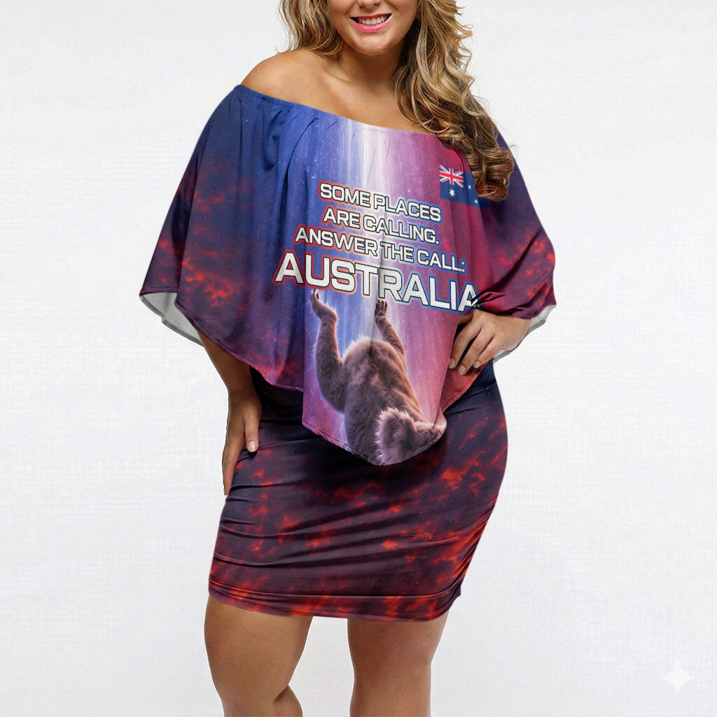 Australia Koala And Kangaroo UFO Off Shoulder Short Dress Sci-Fi Galaxy Opera House And Uluru