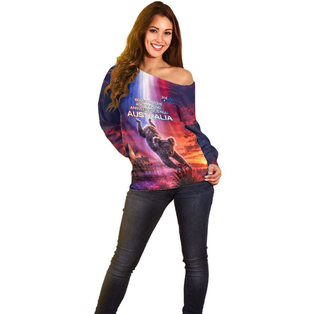 Australia Koala And Kangaroo UFO Off Shoulder Sweater Sci-Fi Galaxy Opera House And Uluru